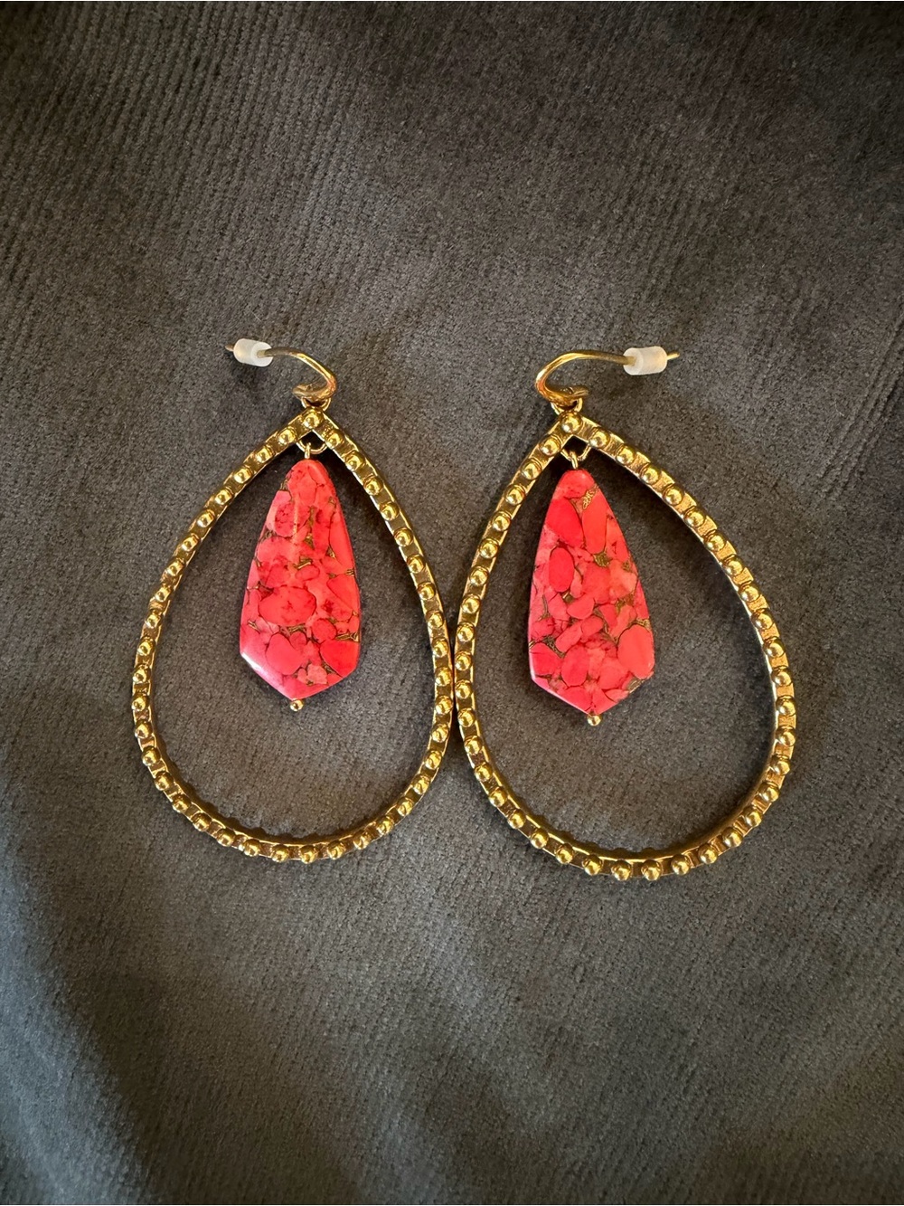 Gold Teardrop Earrings with coral Stone Accent